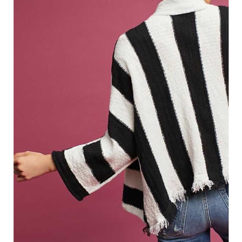 Anthro moth black and white stripe fringe cardigan - Picture 2 of 8